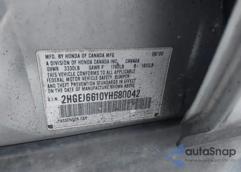 2000 Honda Civic Value Package z USA, uszkodzony, nr VIN 2HGEJ6610YH580042